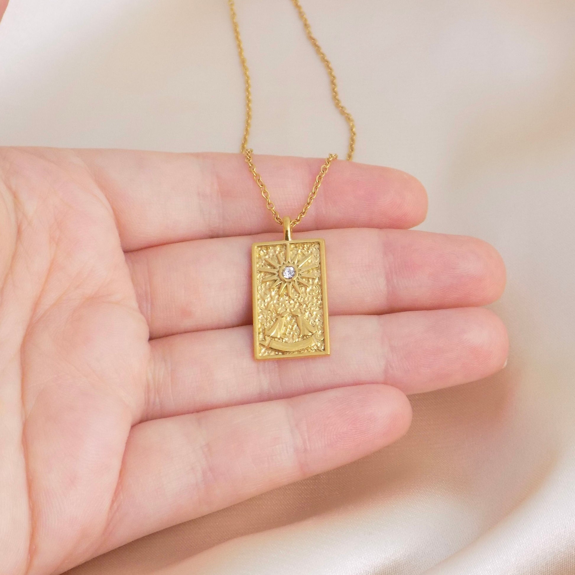 Tarot Card Necklace Gold, Rectangular Charm, Trendy Layer For Women, 18K Gold Stainless Steel, M6-108
