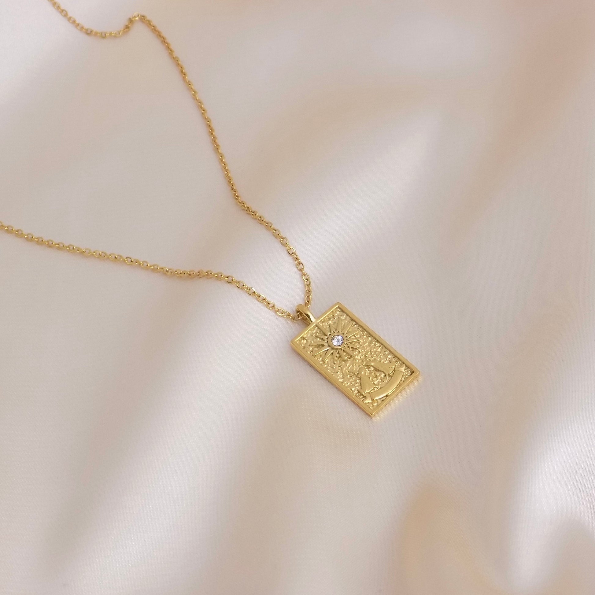 Tarot Card Necklace Gold, Rectangular Charm, Trendy Layer For Women, 18K Gold Stainless Steel, M6-108