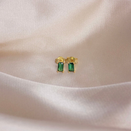 Tiny Green Emerald Stud Earrings Gold Baguette Cut, 5mm x 3mm, May Birthstone Studs, Gift Women, M6-790