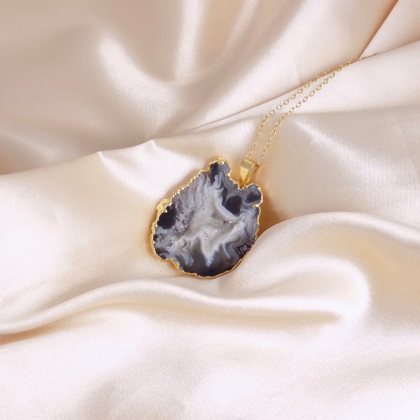 Black Geode Necklace with Druzy, Boho Natural Gemstone Statement Gold Layer, Gift For Her, G14-848