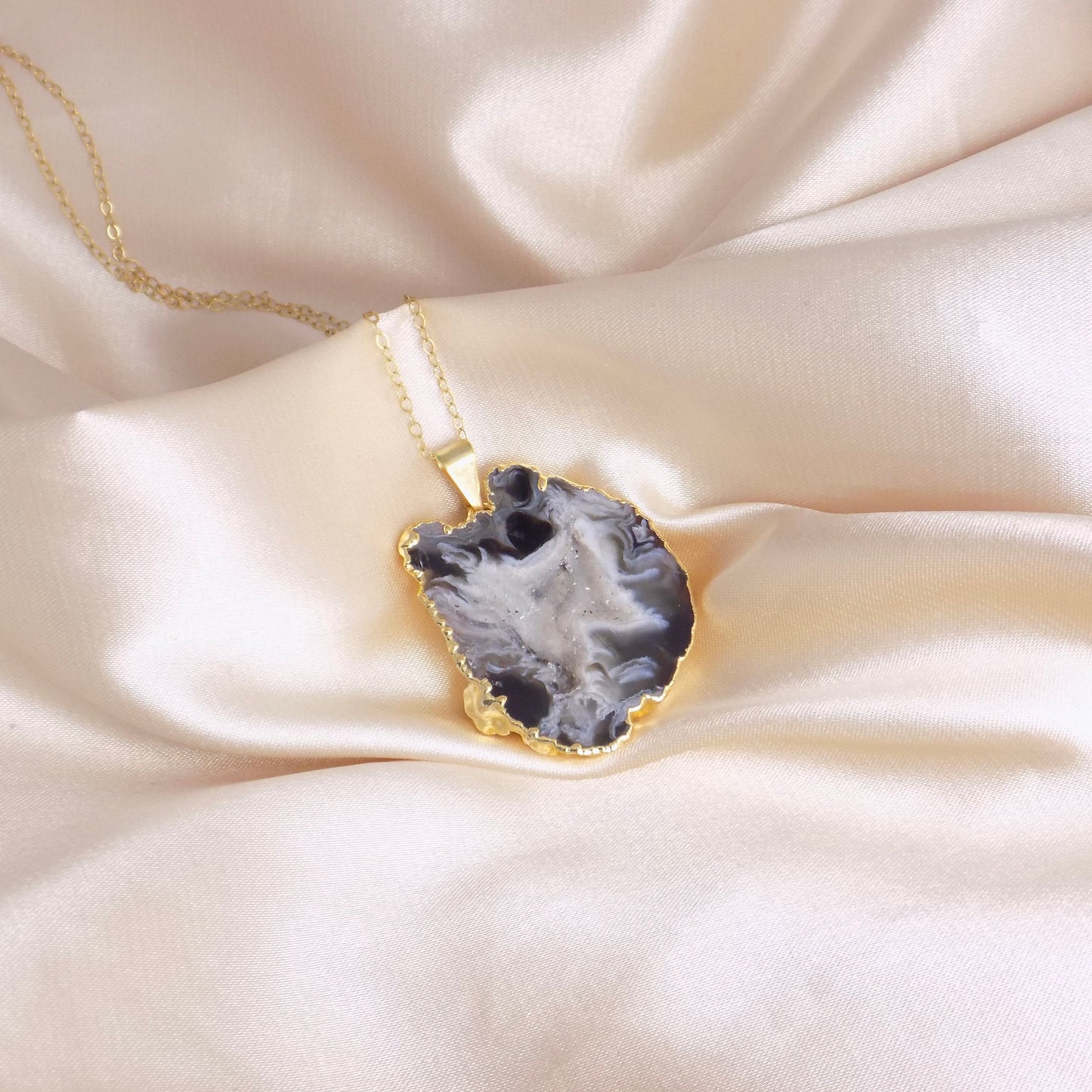Black Geode Necklace with Druzy, Boho Natural Gemstone Statement Gold Layer, Gift For Her, G14-848