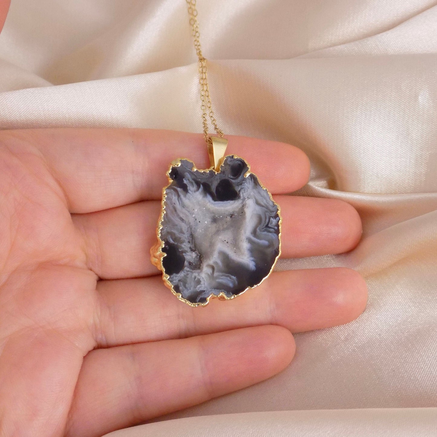 Black Geode Necklace with Druzy, Boho Natural Gemstone Statement Gold Layer, Gift For Her, G14-848
