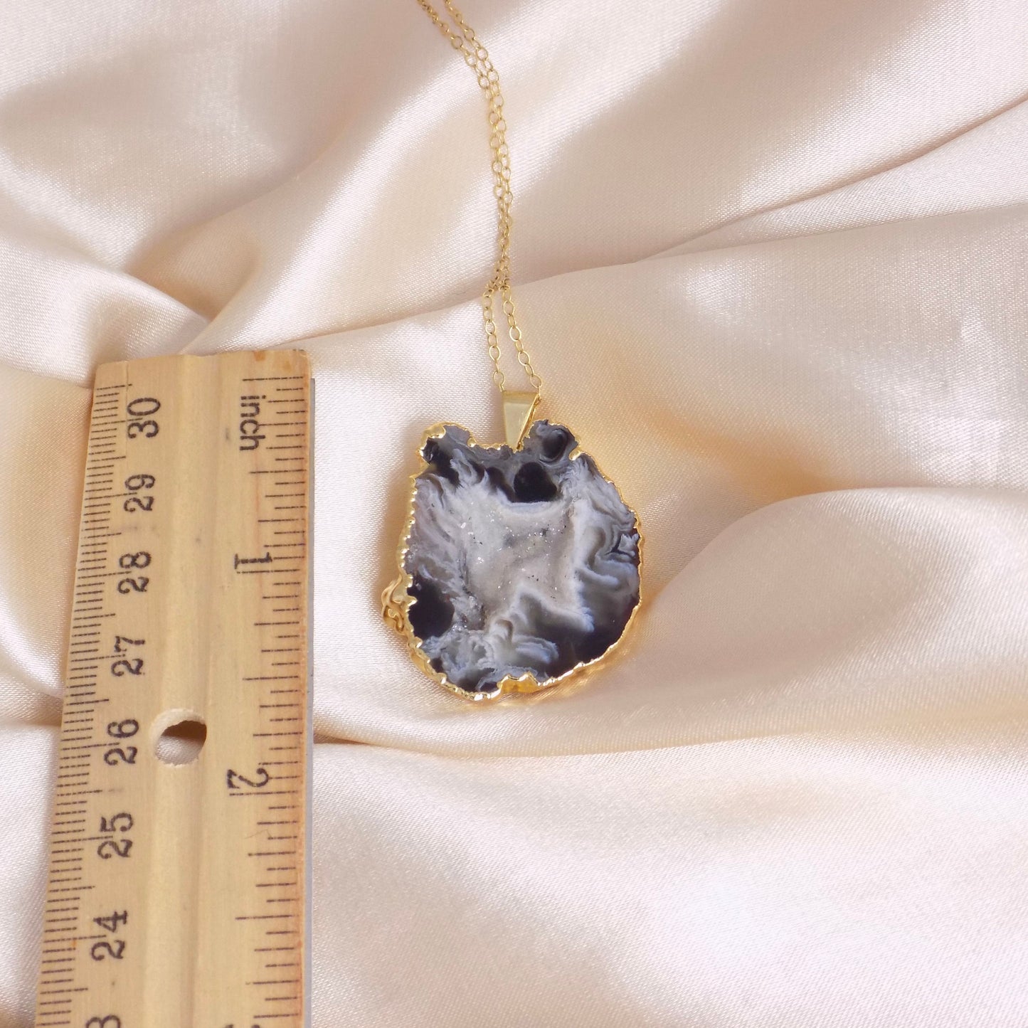 Black Geode Necklace with Druzy, Boho Natural Gemstone Statement Gold Layer, Gift For Her, G14-848