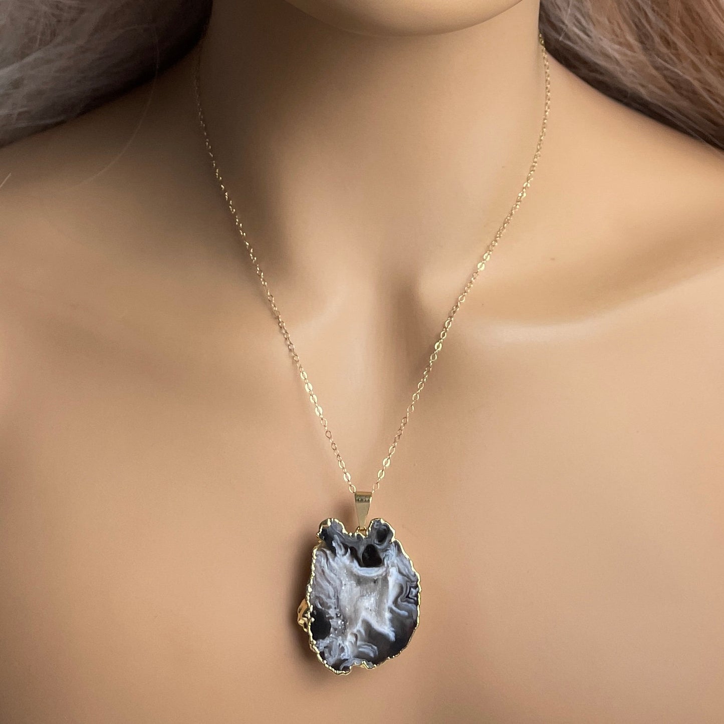 Black Geode Necklace with Druzy, Boho Natural Gemstone Statement Gold Layer, Gift For Her, G14-848