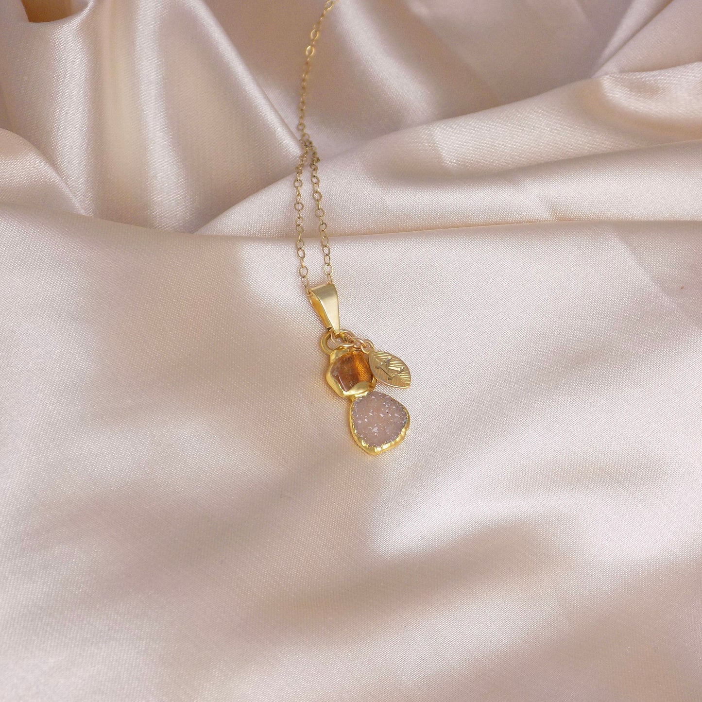 Unique Citrine Crystal Minimalist Necklace Gold, Personalized Druzy Charm with Initial, Yellow Stone, Gifts For Mom, M7-08