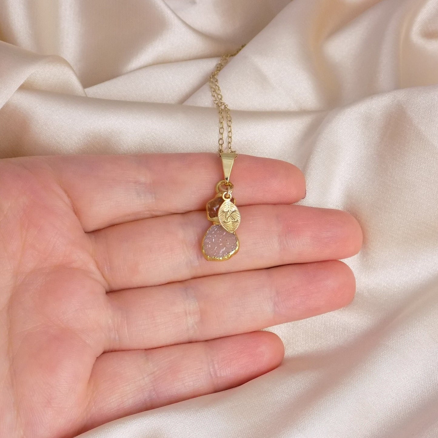 Unique Citrine Crystal Minimalist Necklace Gold, Personalized Druzy Charm with Initial, Yellow Stone, Gifts For Mom, M7-08
