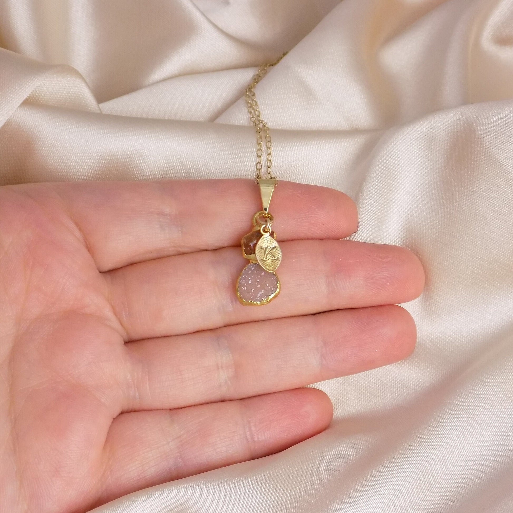 Unique Citrine Crystal Minimalist Necklace Gold, Personalized Druzy Charm with Initial, Yellow Stone, Gifts For Mom, M7-08