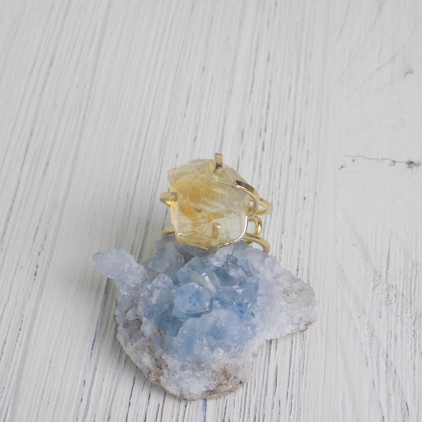 Citrine Ring - Raw Citrine Ring Gold Plated Adjustable Band