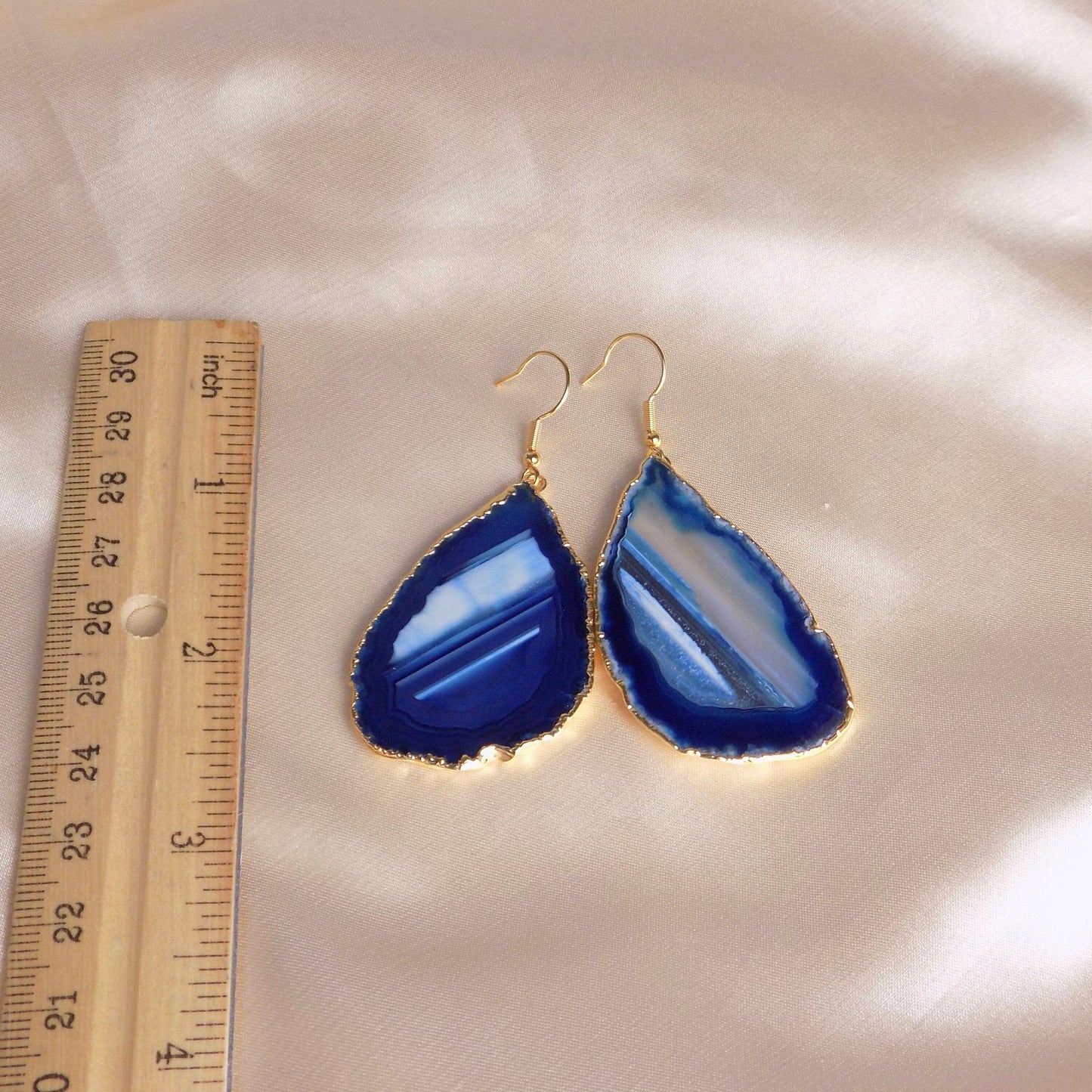 Blue Statement Earrings, Agate Slice Earring Gold, Large Gemstone Dangle, Geode Earrings, Gift Women, G15-89