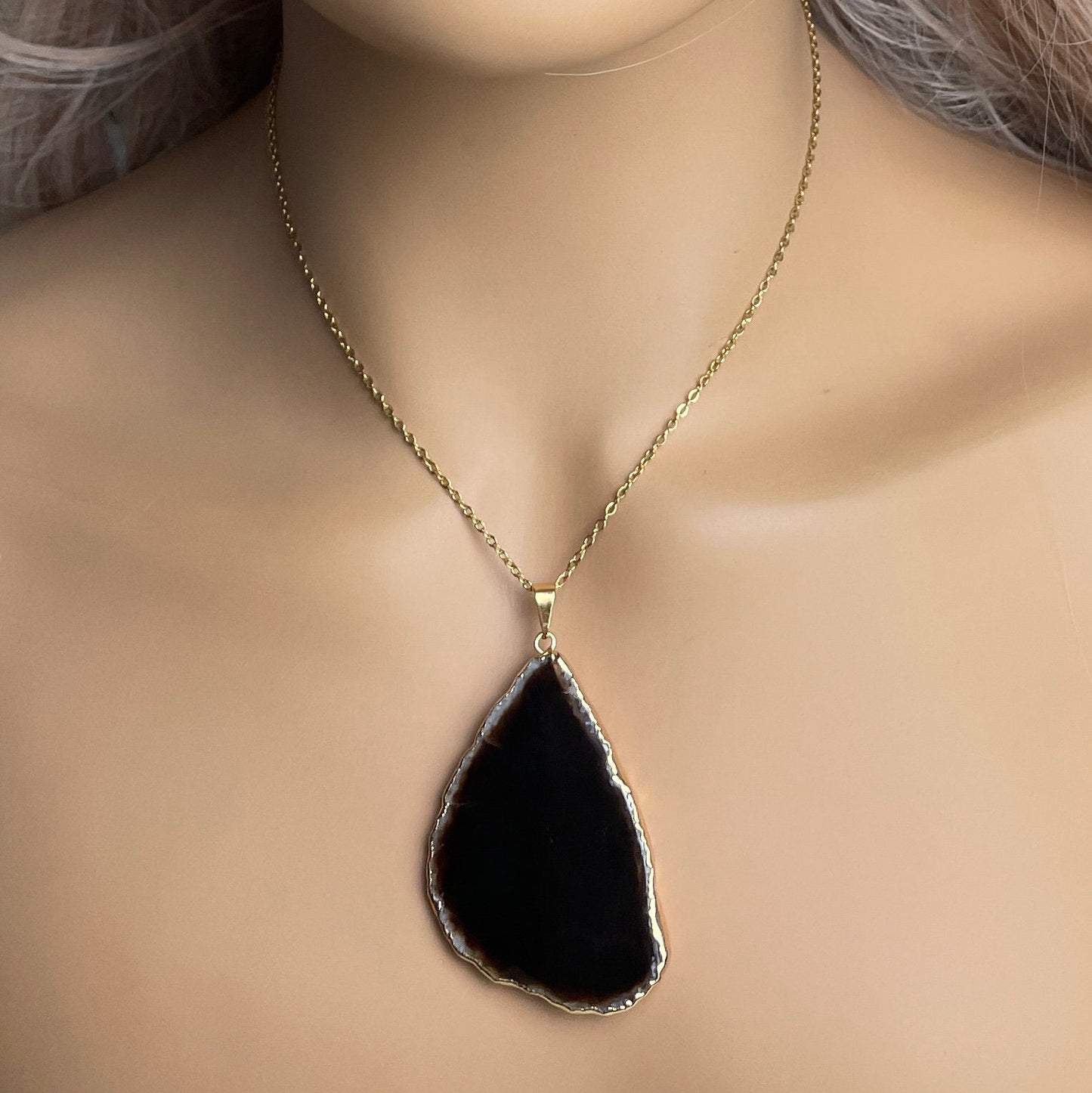 Unique Black Agate Slice Necklace Gold, Long Pendant Necklaces Women's, Gifts For Mom, G15-92