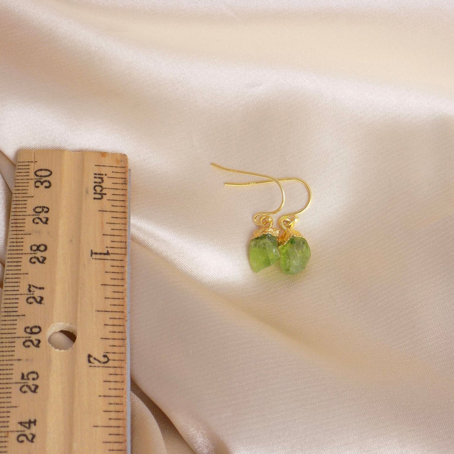 Small Raw Peridot Gemstone Earrings Gold, Rough Green Stone Drop Dangle, August Birthday Gift, M7-41