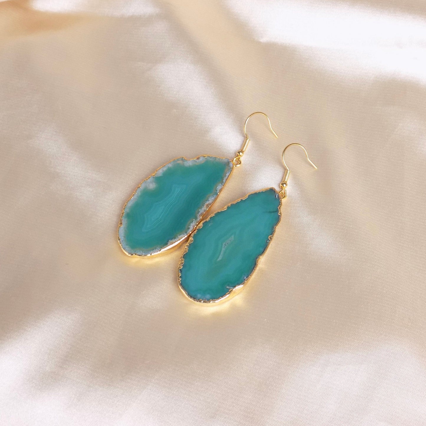 Boho Green Agate Earrings - Sliced Agate Geode Earrings - Raw Stone Statement Earrings - August Birthday Gift Women - G14-73