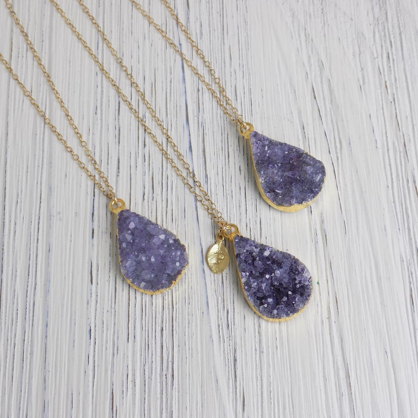 Personalized Raw Amethyst Necklace, Teardrop Druzy Pendant, 14K Gold Filled Chain, Custom Christmas Gift Women, R14-03