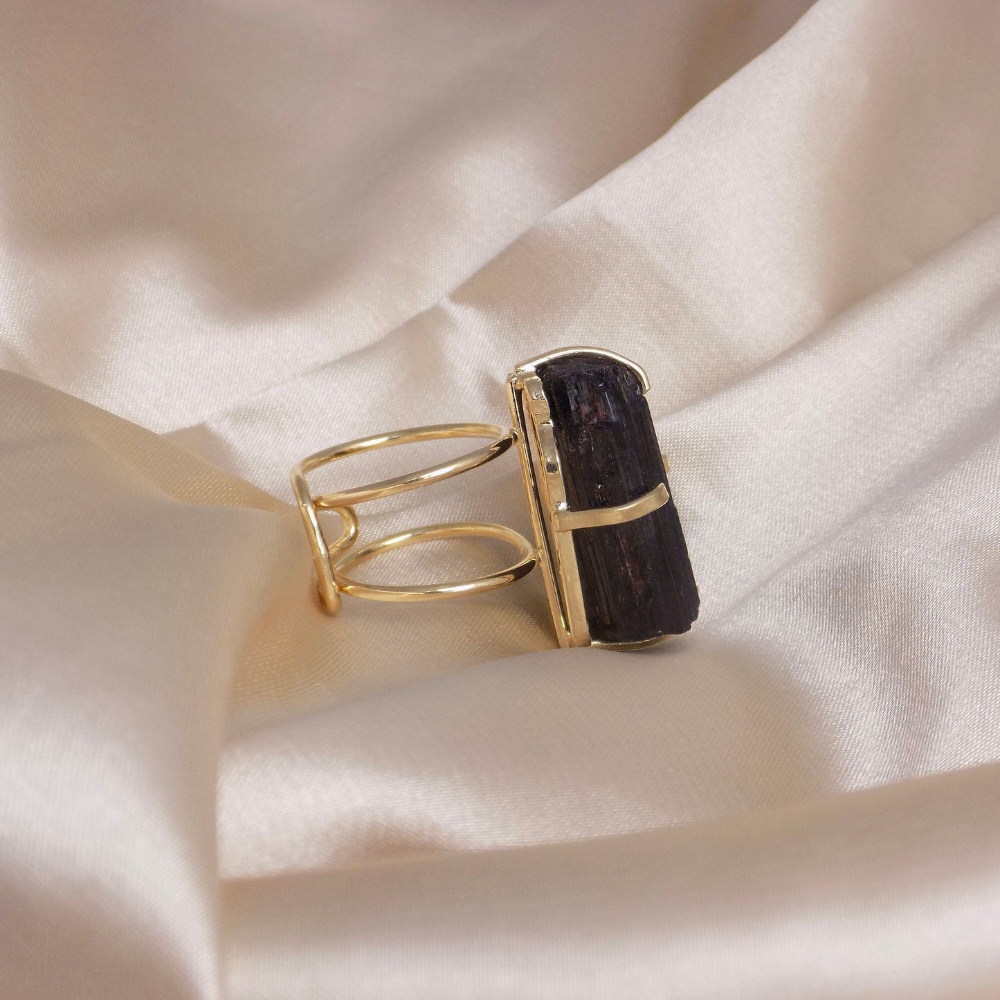 Black Tourmaline Ring - Raw Tourmaline Ring - Black Crystal Ring - Statement Ring - Raw Stone Ring Gold Adjust Boho Rings For Women G14-180