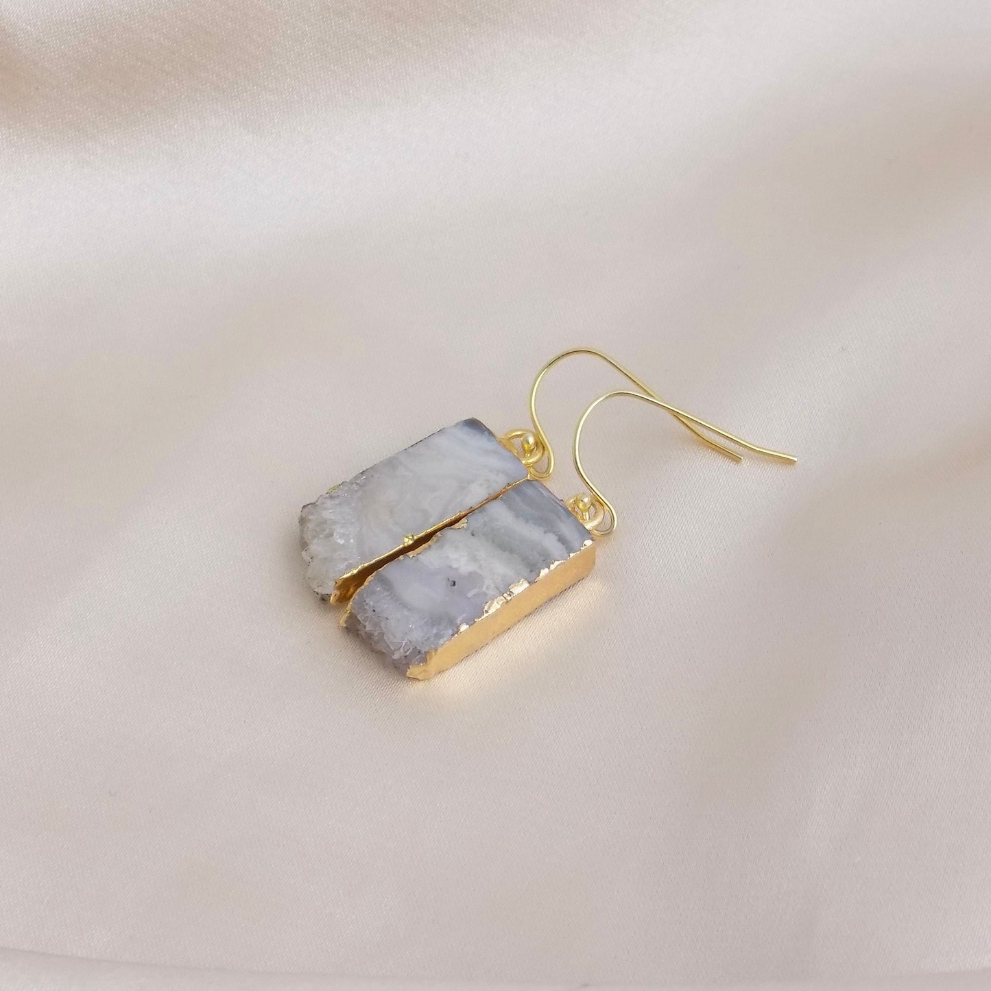 February Birthstone Raw Amethyst Slice Earrings Gold, Brown Druzy Crystal, M6-86