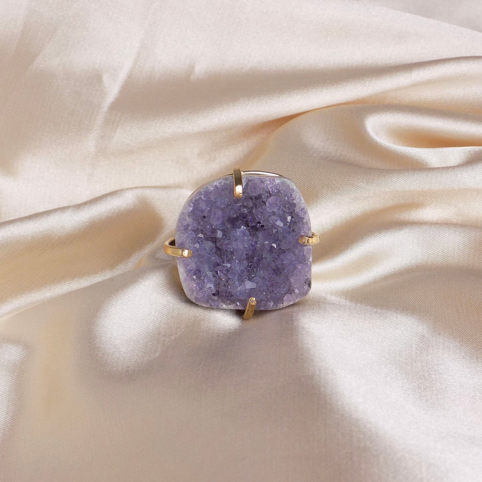 Large Amethyst Ring Gold Adjustable, Purple Raw Druzy Ring For Women, Statement Crystal Ring, Christmas Gift Women, G15-149