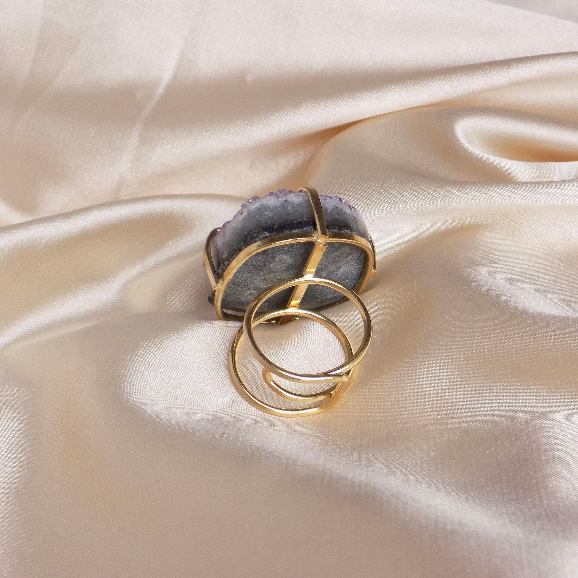 Large Amethyst Ring Gold Adjustable, Purple Raw Druzy Ring For Women, Statement Crystal Ring, Christmas Gift Women, G15-149