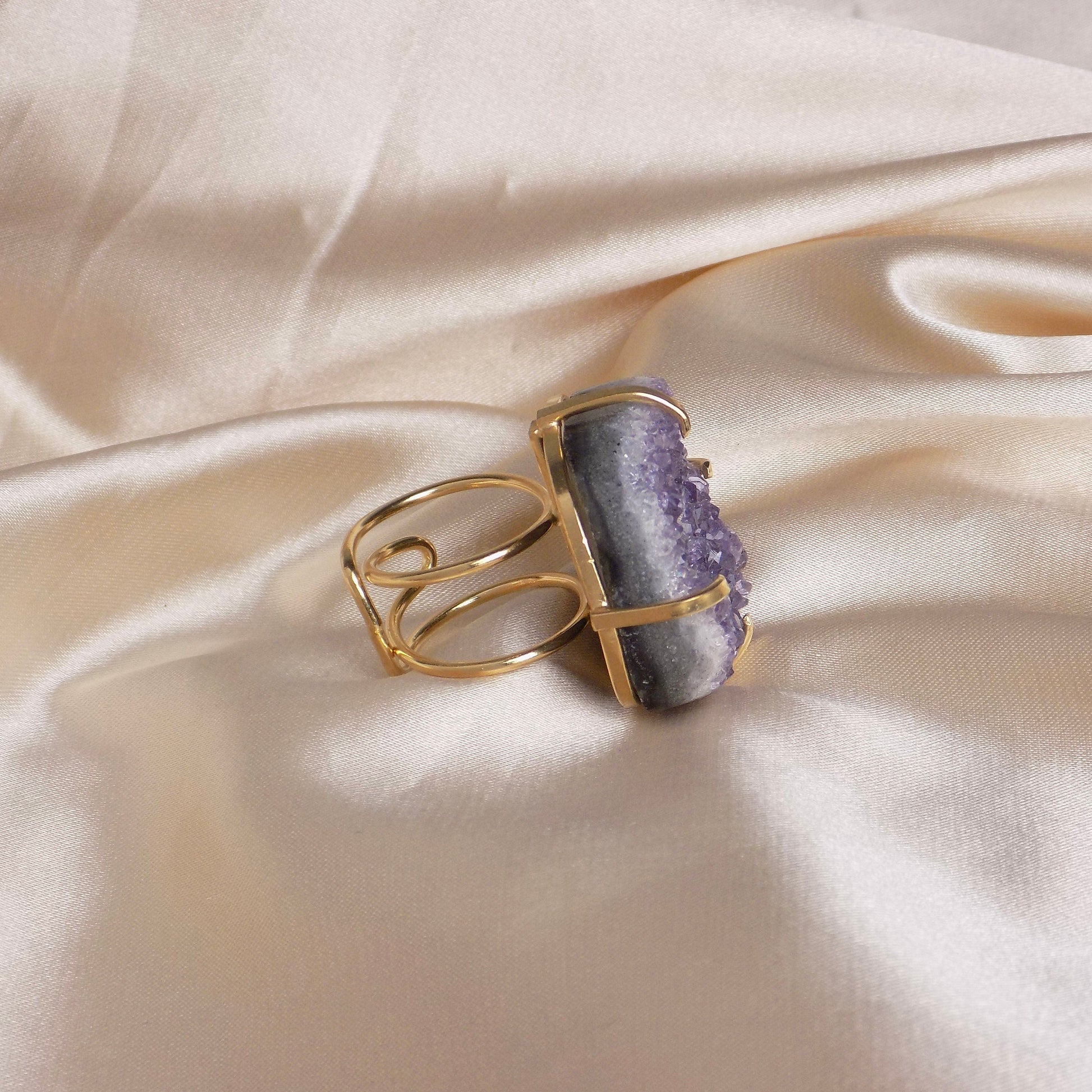 Large Amethyst Ring Gold Adjustable, Purple Raw Druzy Ring For Women, Statement Crystal Ring, Christmas Gift Women, G15-149