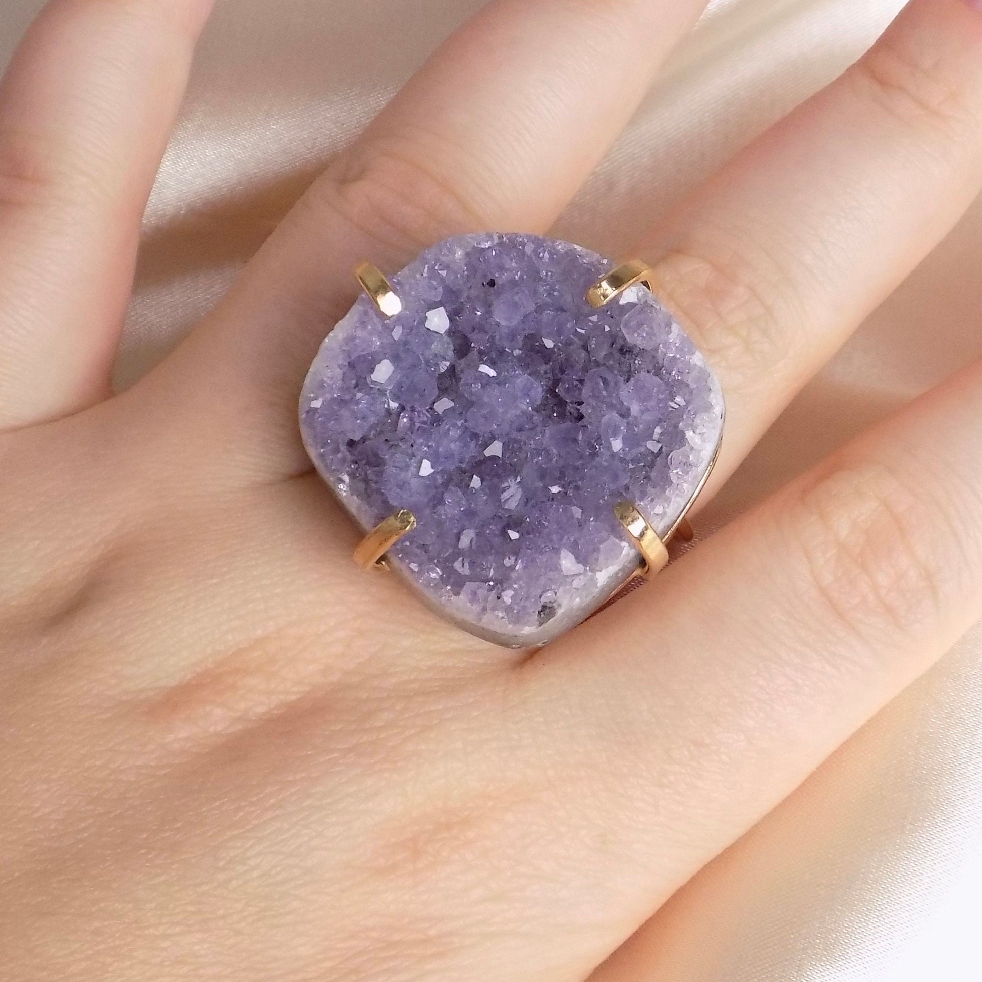 Large Amethyst Ring Gold Adjustable, Purple Raw Druzy Ring For Women, Statement Crystal Ring, Christmas Gift Women, G15-149