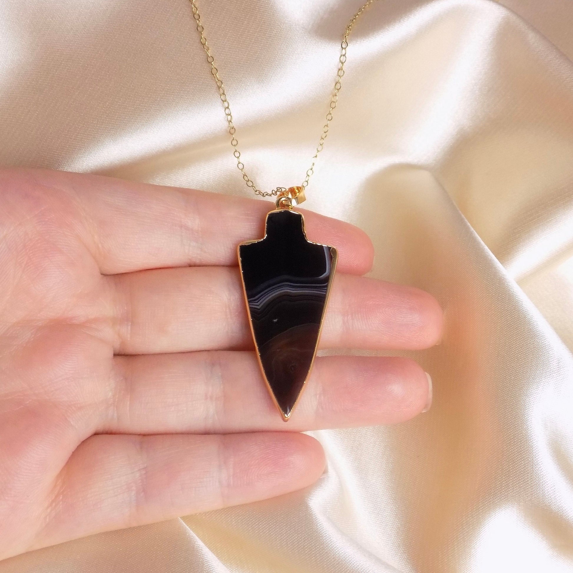 Black Agate Arrowhead Necklace Gold, Crystal Slice Pendant For Women, Gifts For Mom, M7-71