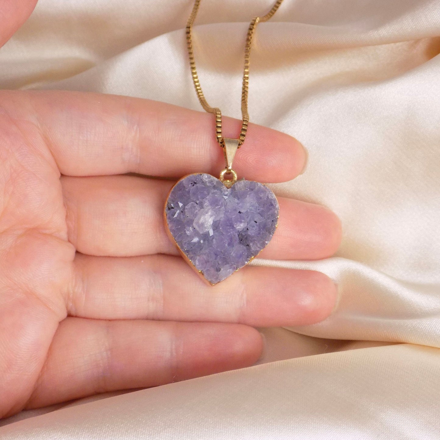 Amethyst Heart Necklace Gold, Box Chain 18K Gold Stainless Steel, Mom Gift, Wife Gift, Best Friend Gifts, G15-151