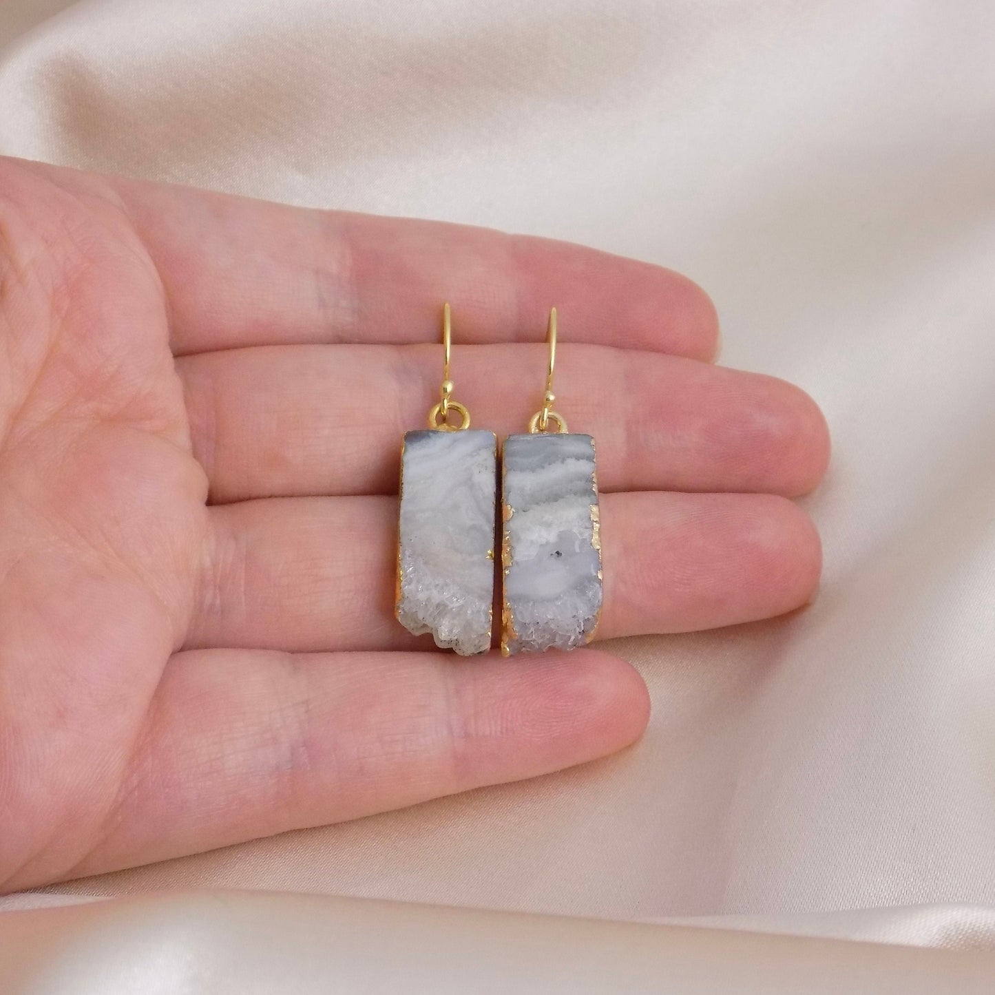 February Birthstone Raw Amethyst Slice Earrings Gold, Brown Druzy Crystal, M6-86
