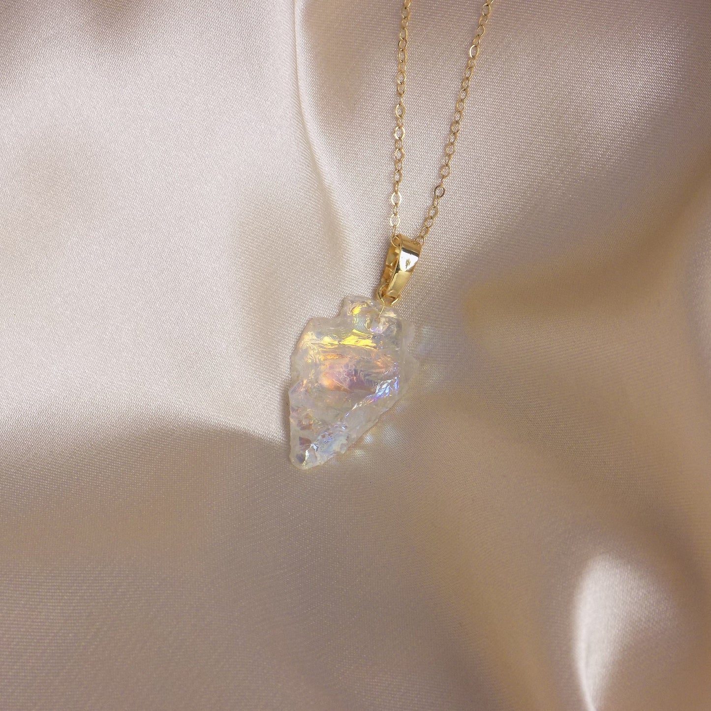 Angel Aura Quartz Arrowhead Necklace Gold, Unique Iridescent Crystal Jewelry Boho, Gift For Her, M7-93