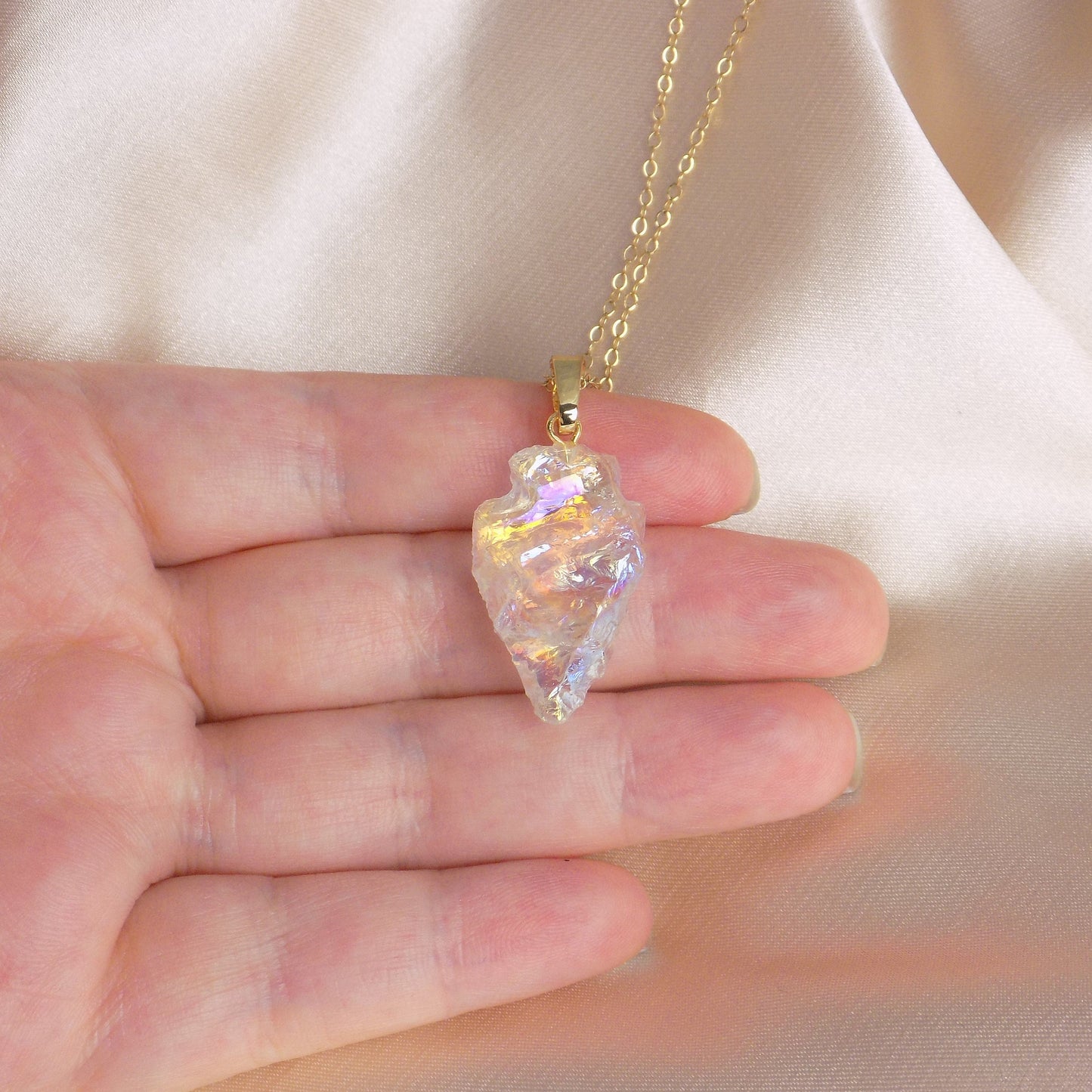 Angel Aura Quartz Arrowhead Necklace Gold, Unique Iridescent Crystal Jewelry Boho, Gift For Her, M7-93