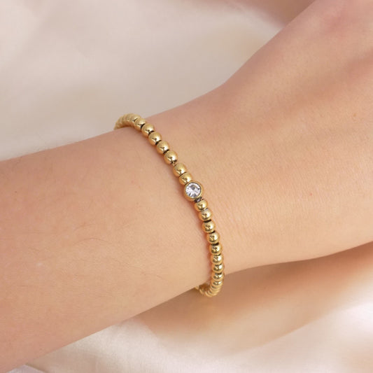 18K Gold Beaded Bracelet Adjustable Stainless Steel, Cubic Zirconia Stone, Delicate Gold Layer, Simple Everyday, M7-117