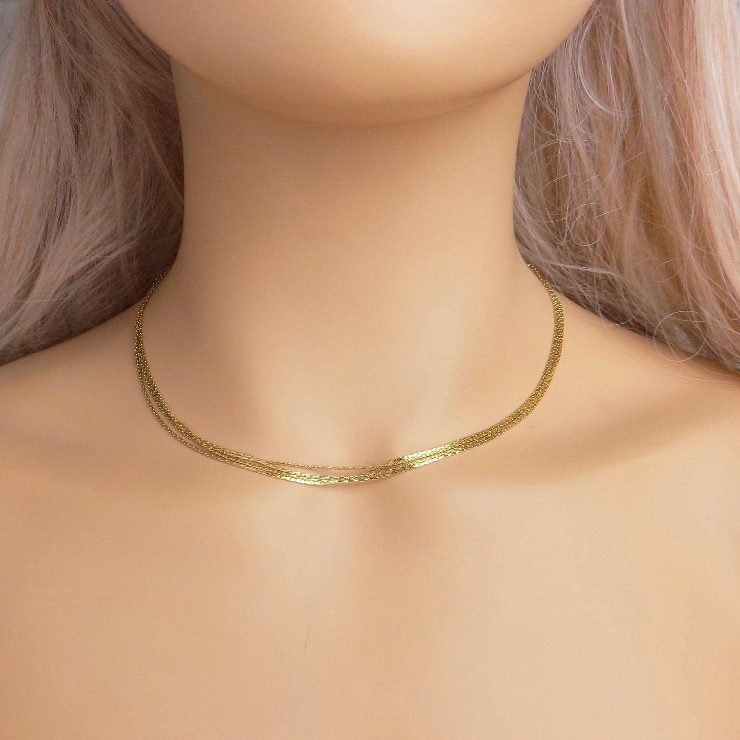 Unique Four Strand Gold Choker For Women, Ultra Thin Snake Chain, 18K Gold Stainless Steel, Modern Trendy, M7-112
