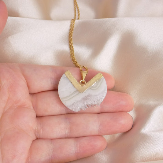 White Amethyst Pendant Necklace Gold - Boho Druzy Crystal