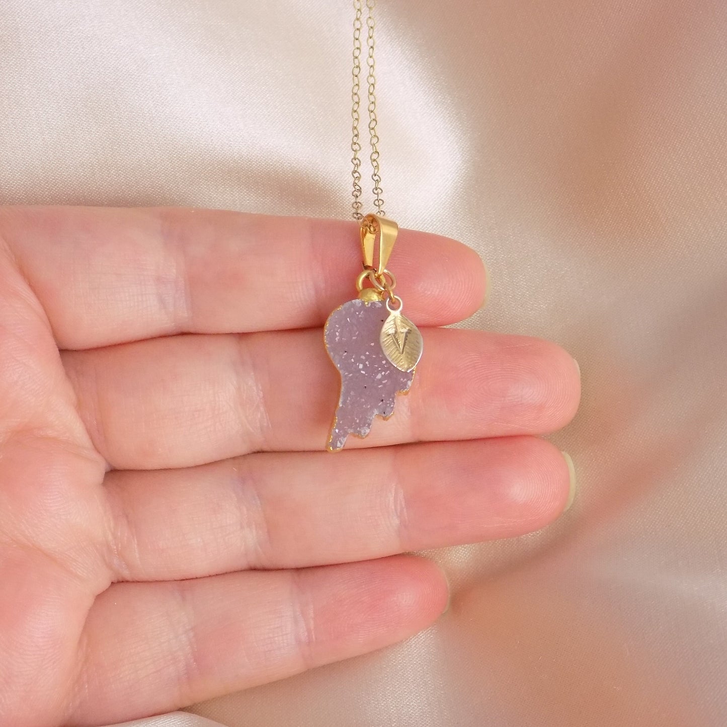 Personalized Angel Wing Necklace Gold - Natural Druzy Pendant