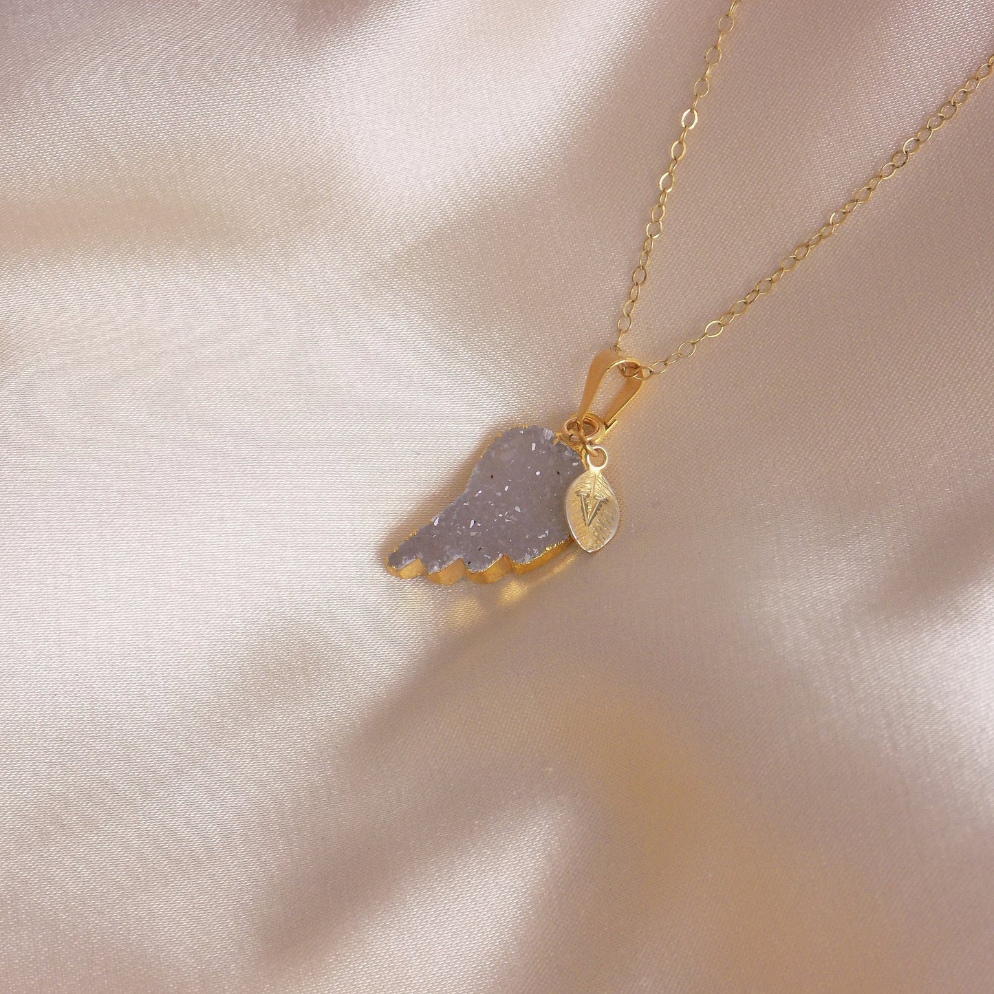Personalized Angel Wing Necklace Gold - Natural Druzy Pendant