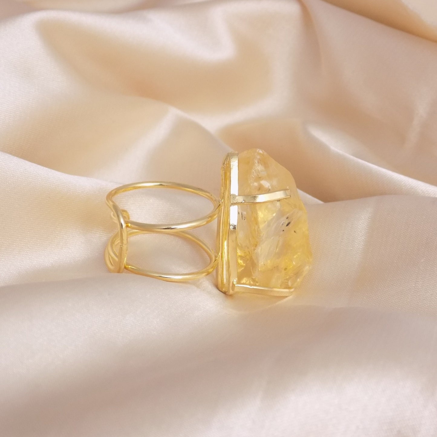 Large Citrine Ring - Raw Natural Citrine Ring Gold Plated Adjustable Band