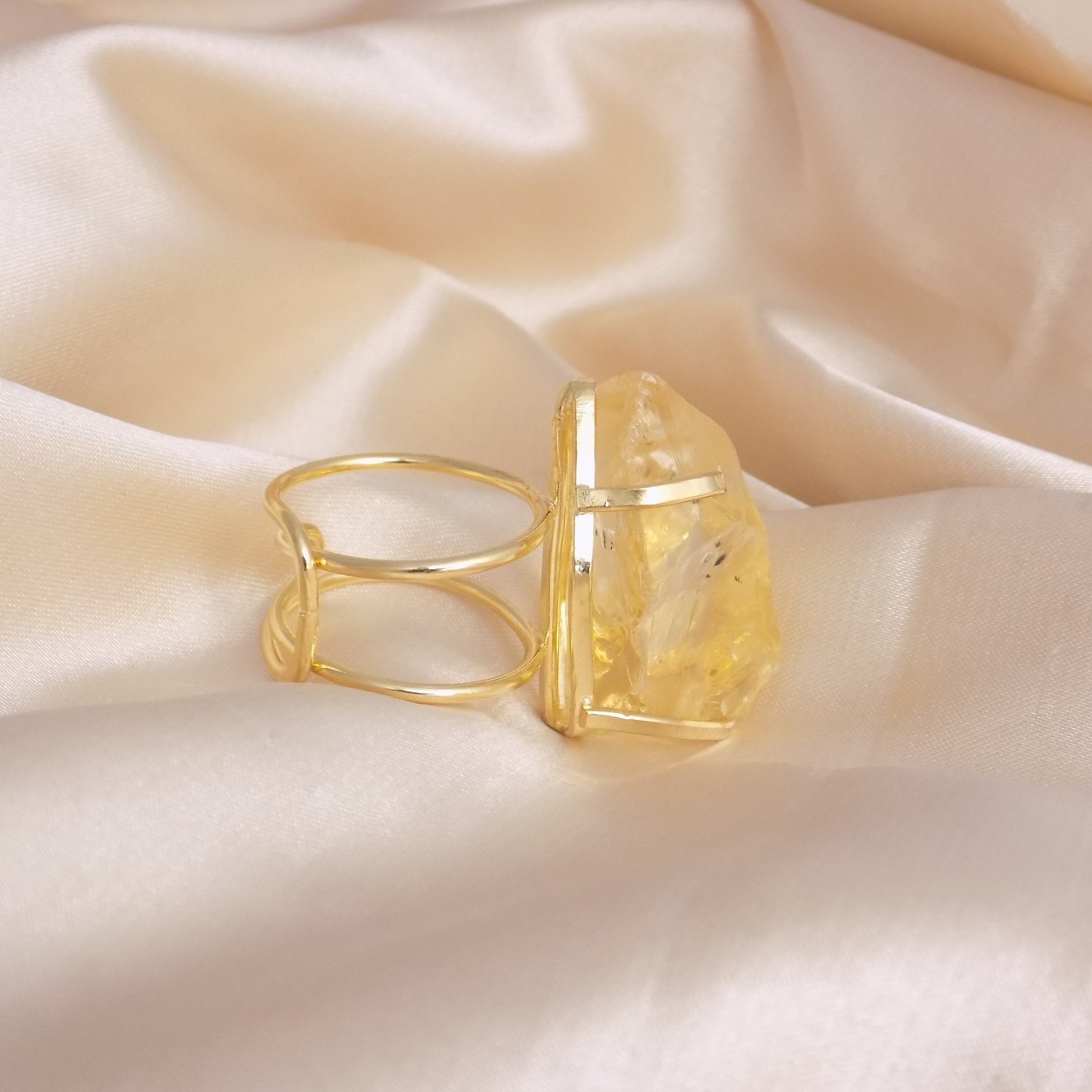 Large Citrine Ring - Raw Natural Citrine Ring Gold Plated Adjustable Band