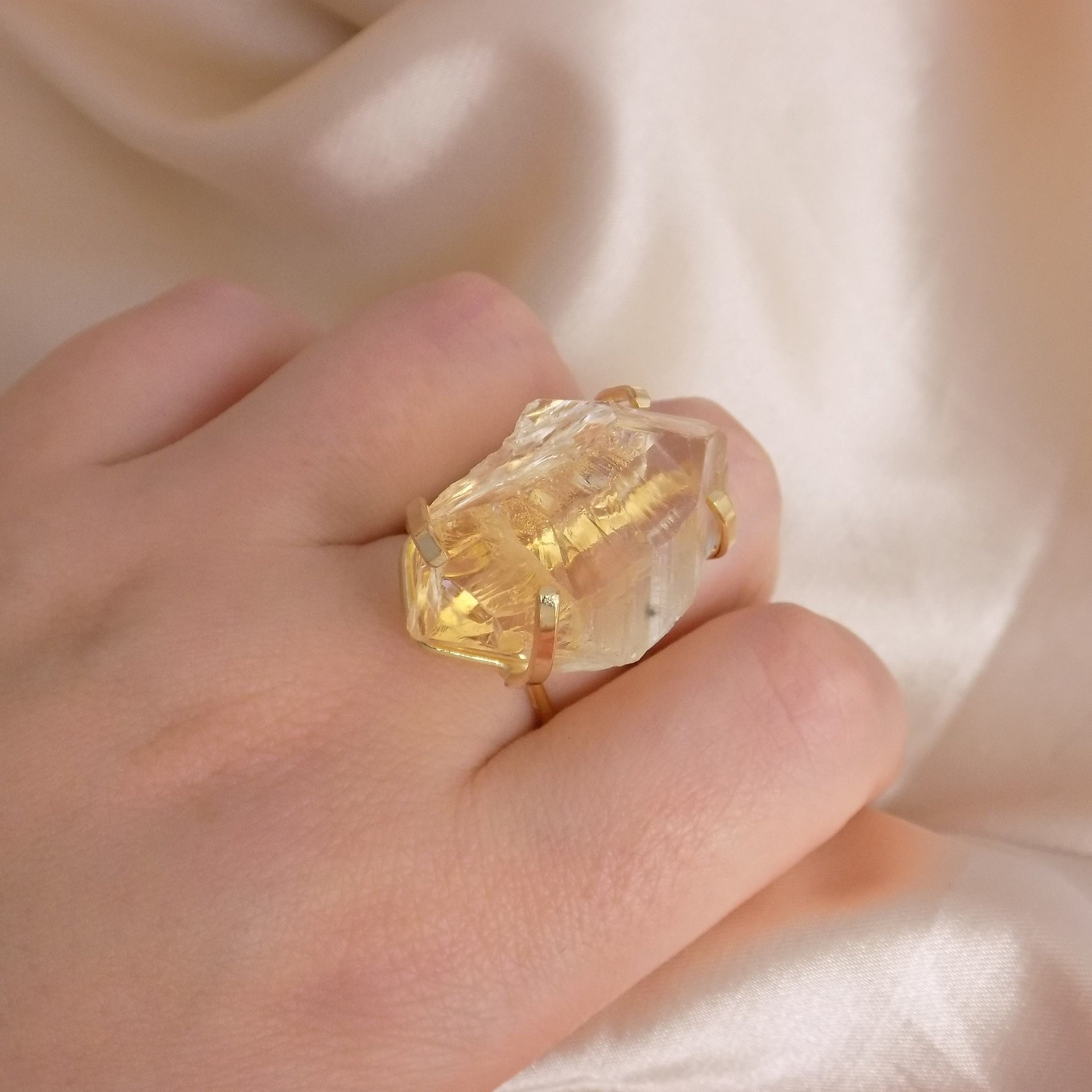 Large Citrine Ring - Raw Natural Citrine Ring Gold Plated Adjustable Band