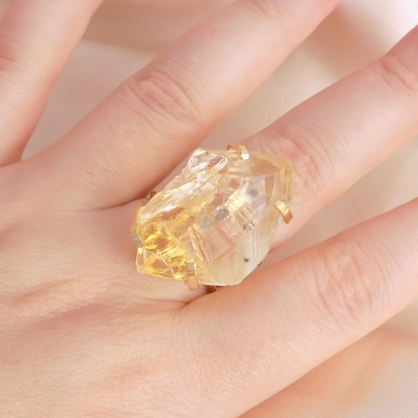 Large Citrine Ring - Raw Natural Citrine Ring Gold Plated Adjustable Band