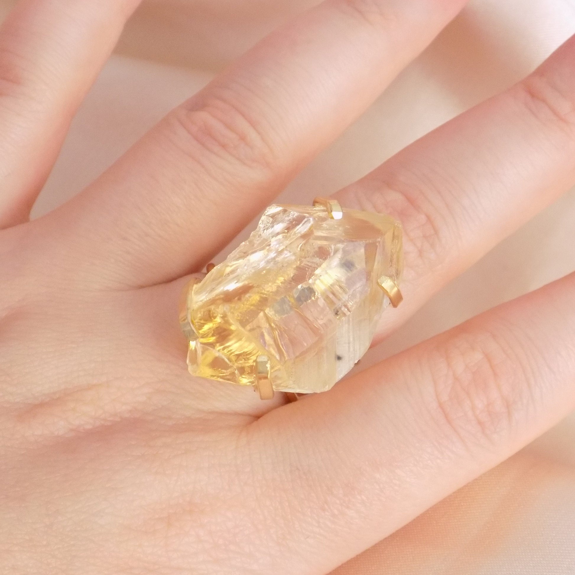 Large Citrine Ring - Raw Natural Citrine Ring Gold Plated Adjustable Band