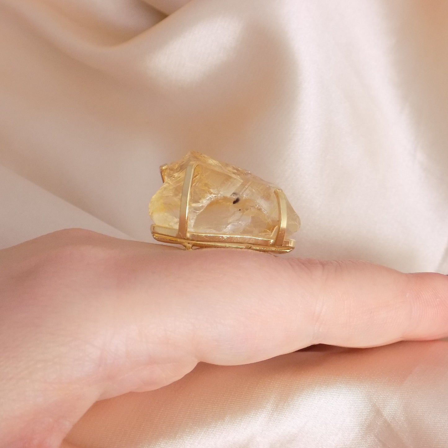 Large Citrine Ring - Raw Natural Citrine Ring Gold Plated Adjustable Band