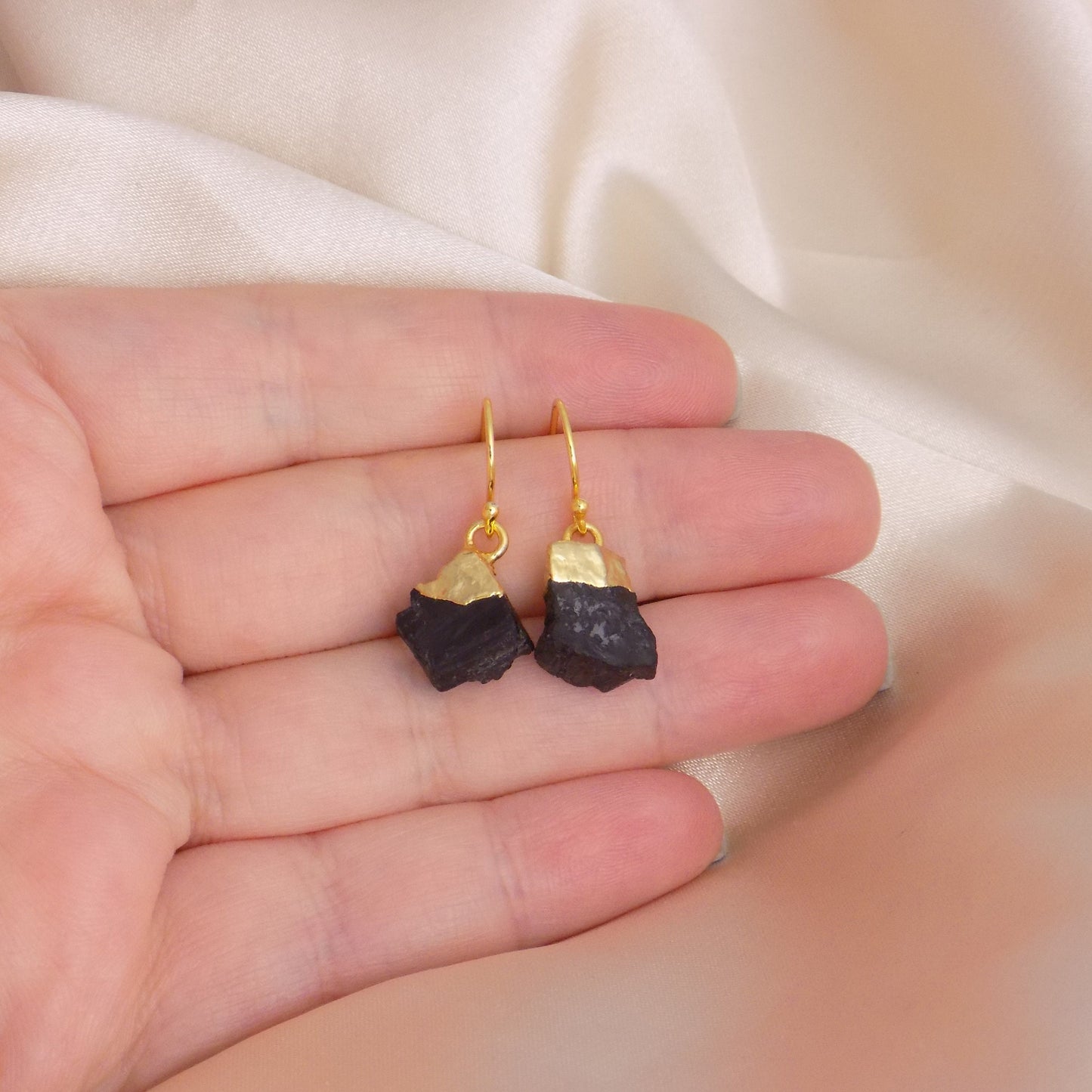 Boho Raw Black Tourmaline Earrings Gold, Rough Crystal Dangle Drop, M6-153