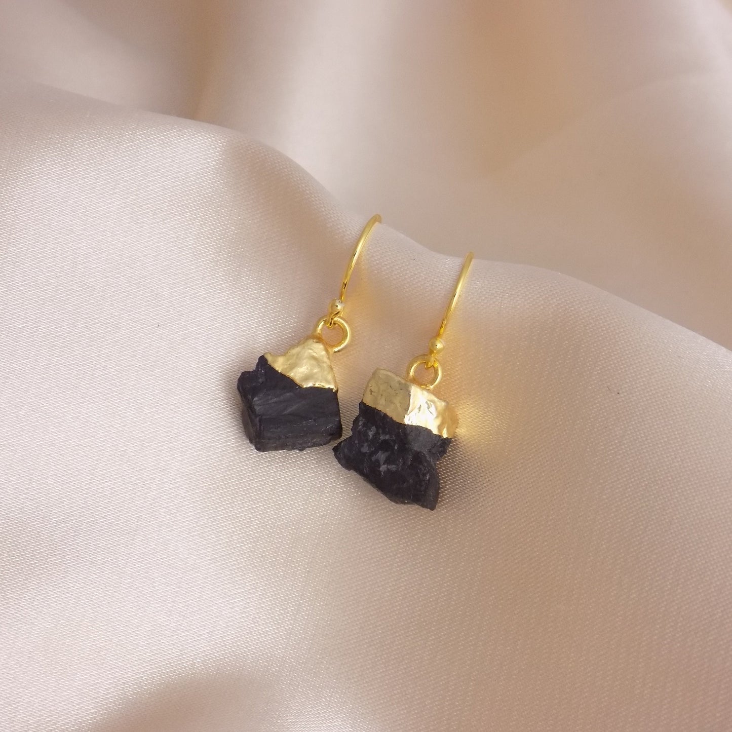 Boho Raw Black Tourmaline Earrings Gold, Rough Crystal Dangle Drop, M6-153