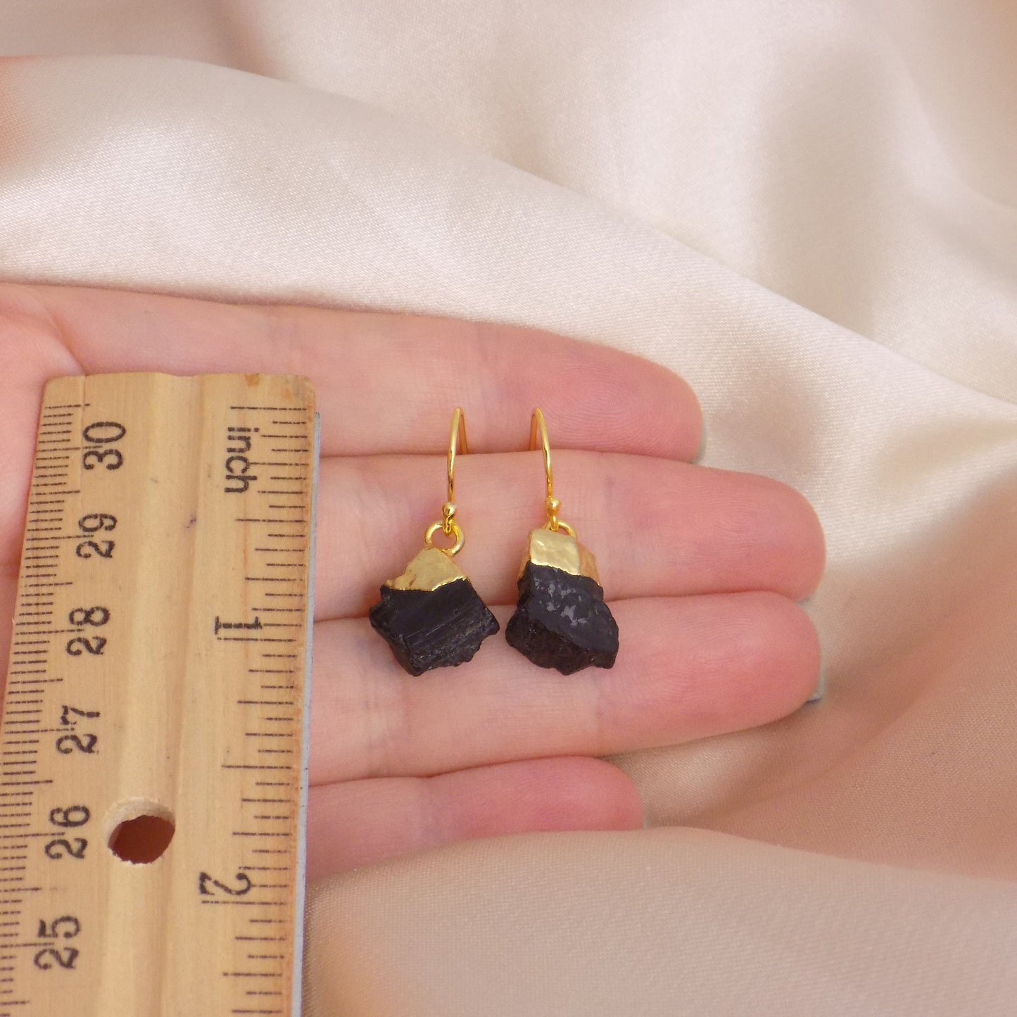 Boho Raw Black Tourmaline Earrings Gold, Rough Crystal Dangle Drop, M6-153