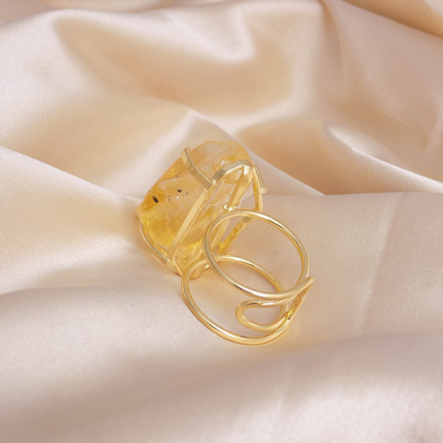 Large Citrine Ring - Raw Natural Citrine Ring Gold Plated Adjustable Band