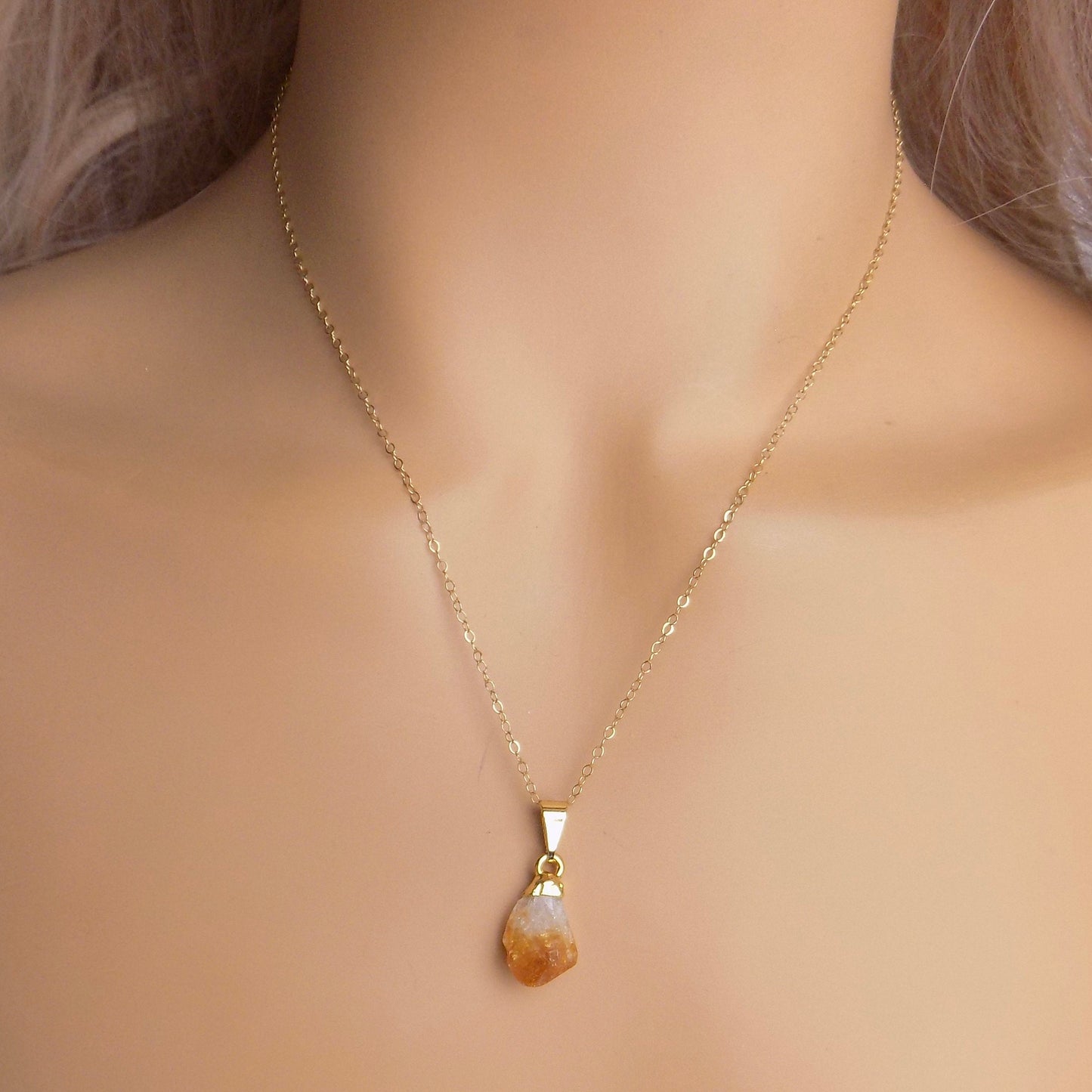Small Citrine Crystal Necklace Gold - November Birthstone Jewelry - Christmas Gift For Her - G15-280