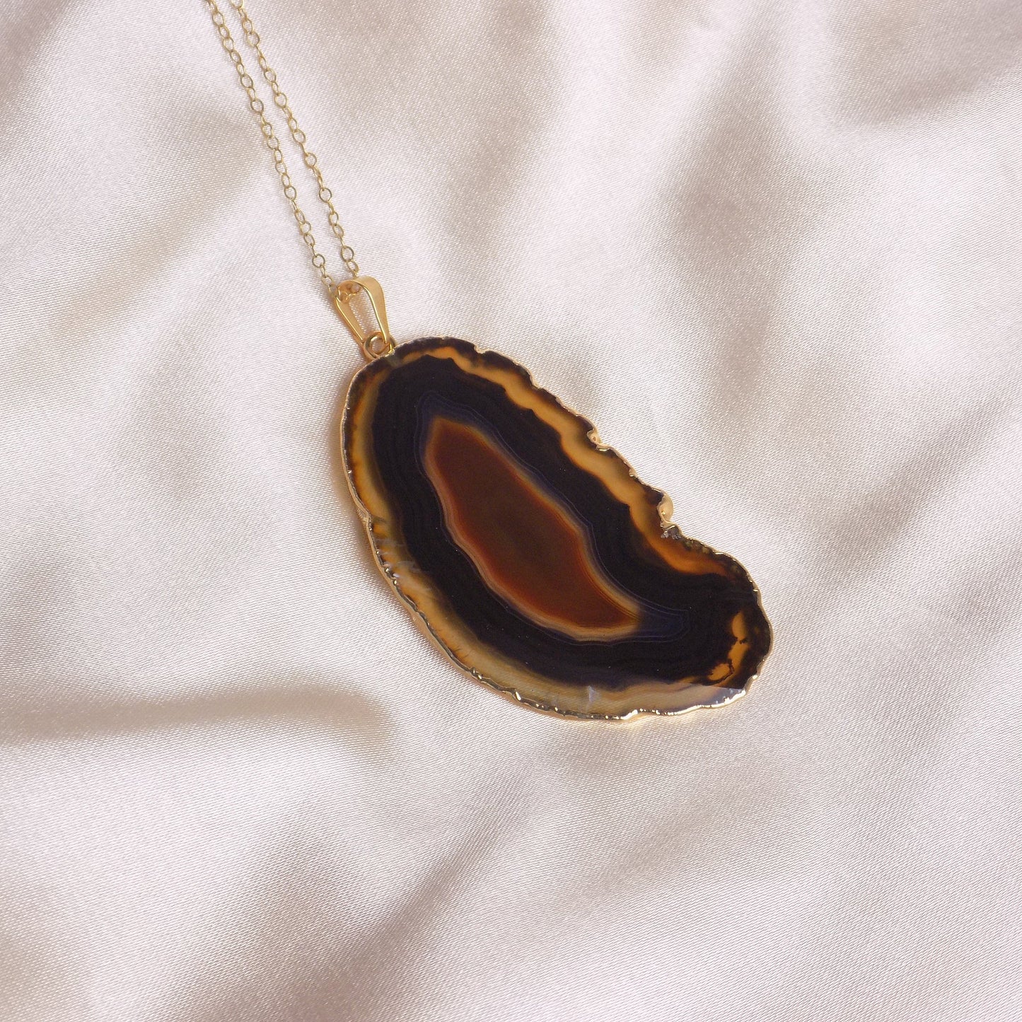Unique Black Agate Slice Necklace Gold, Long Pendant Necklaces Women's, Gifts For Mom, G15-92