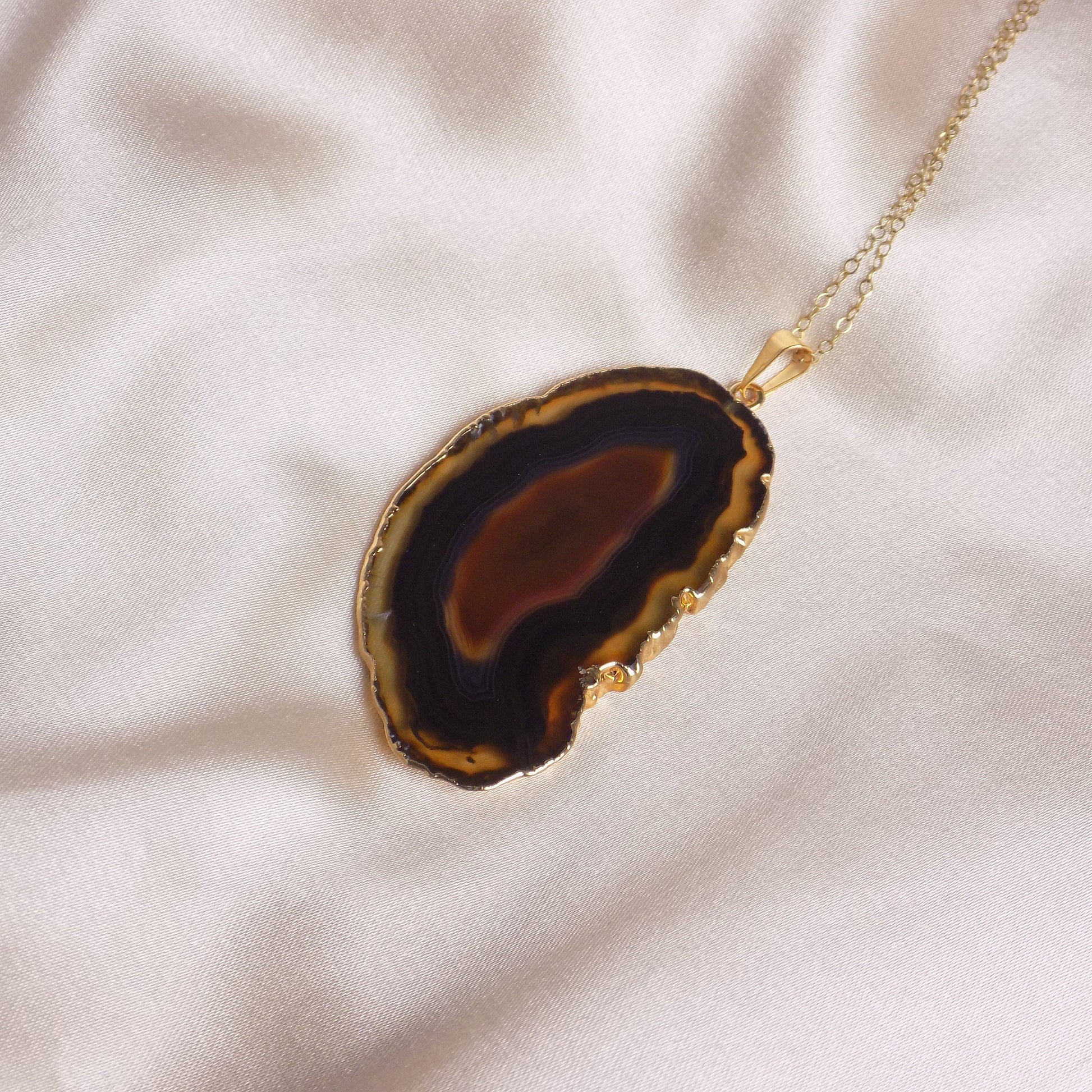 Unique Black Agate Slice Necklace Gold, Long Pendant Necklaces Women's, Gifts For Mom, G15-92