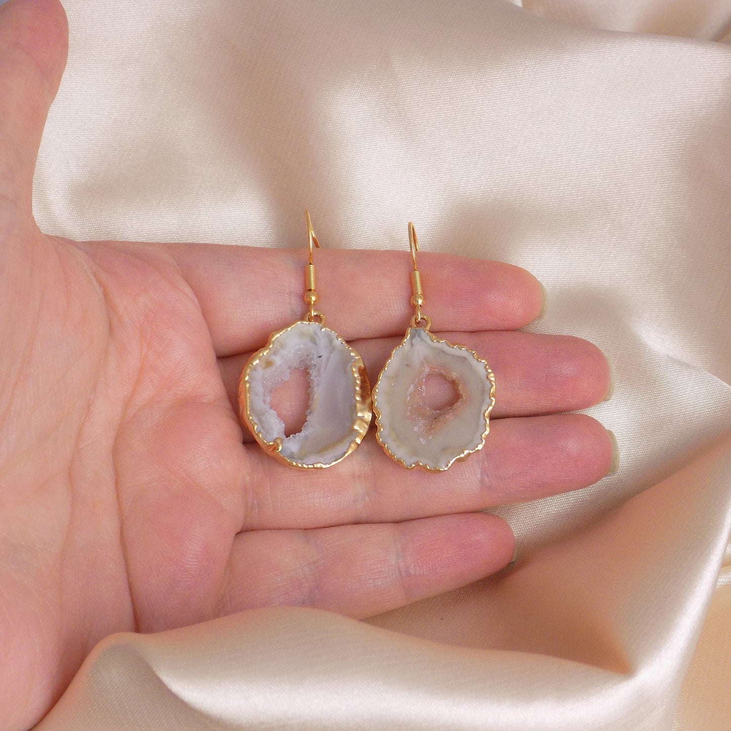 Geode Slice Gemstone Earrings Gold, Natural Stone Jewelry For Women, G15-234
