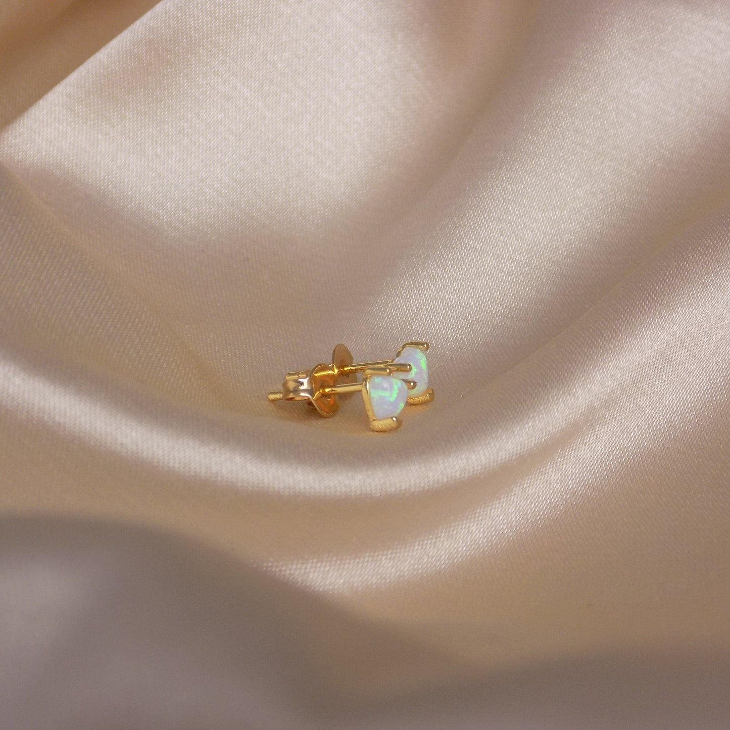 Small Opal Heart Earrings Studs Gold, Tiny Gemstone Stud 5mm, October Birthstone Studs, Gift For Mom, M7-201