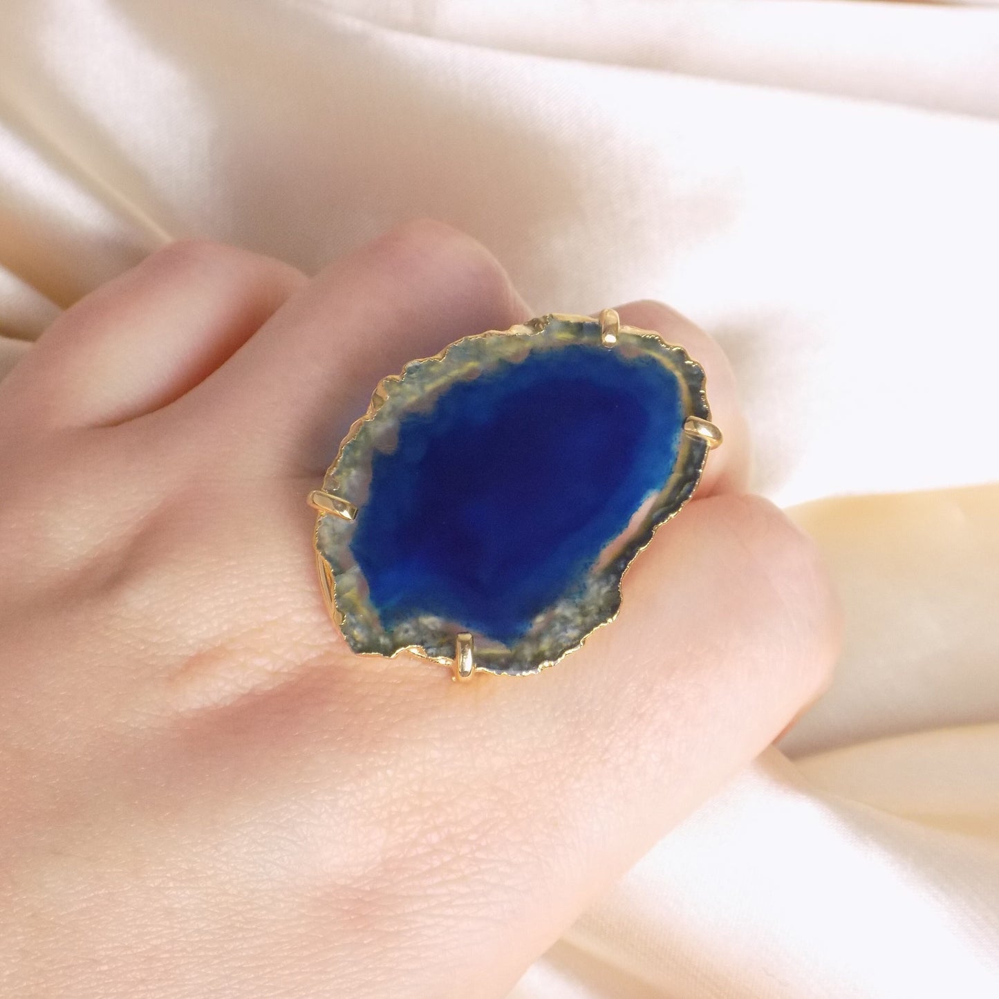 Boho Sliced Agate Ring Gold Adjustable, Blue Agate Statement Ring Geode, Large Gemstone Calming Crystal, G14-234