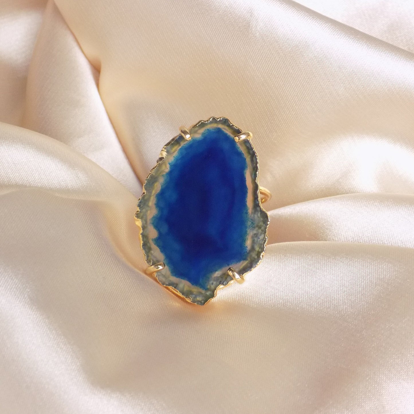 Boho Sliced Agate Ring Gold Adjustable, Blue Agate Statement Ring Geode, Large Gemstone Calming Crystal, G14-234